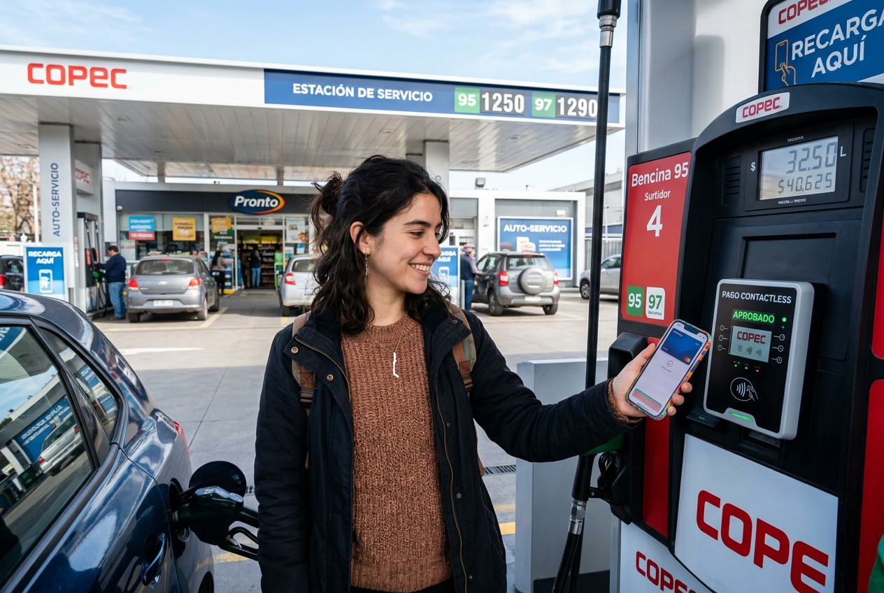 Pagando bencina con el celular en una estacion de servicio en Chile